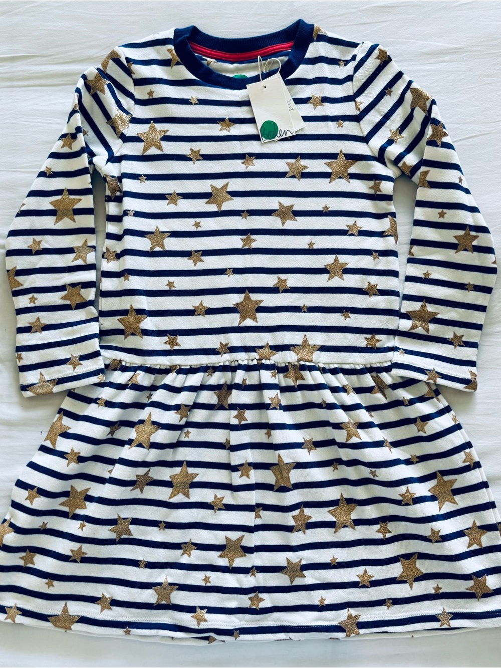 Mini Boden, Navy & White Striped Star Print Long Sleeve Dress Girl, NWT!
